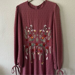 SHEIN | EUC Blush Swiss Dot Embroidered Dress, Long Sleeve With Ties Size Medium